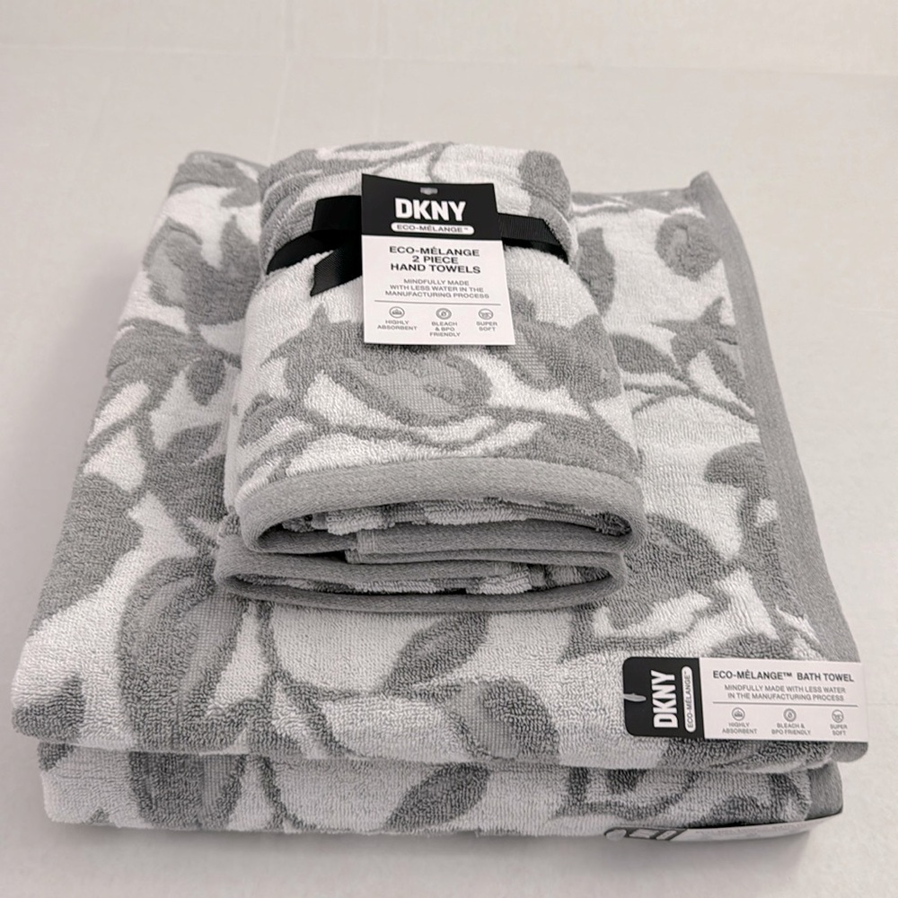 4pc DKNY ECO-MELANGE Super Soft Bath Towel Set - Paint Leaves Grey